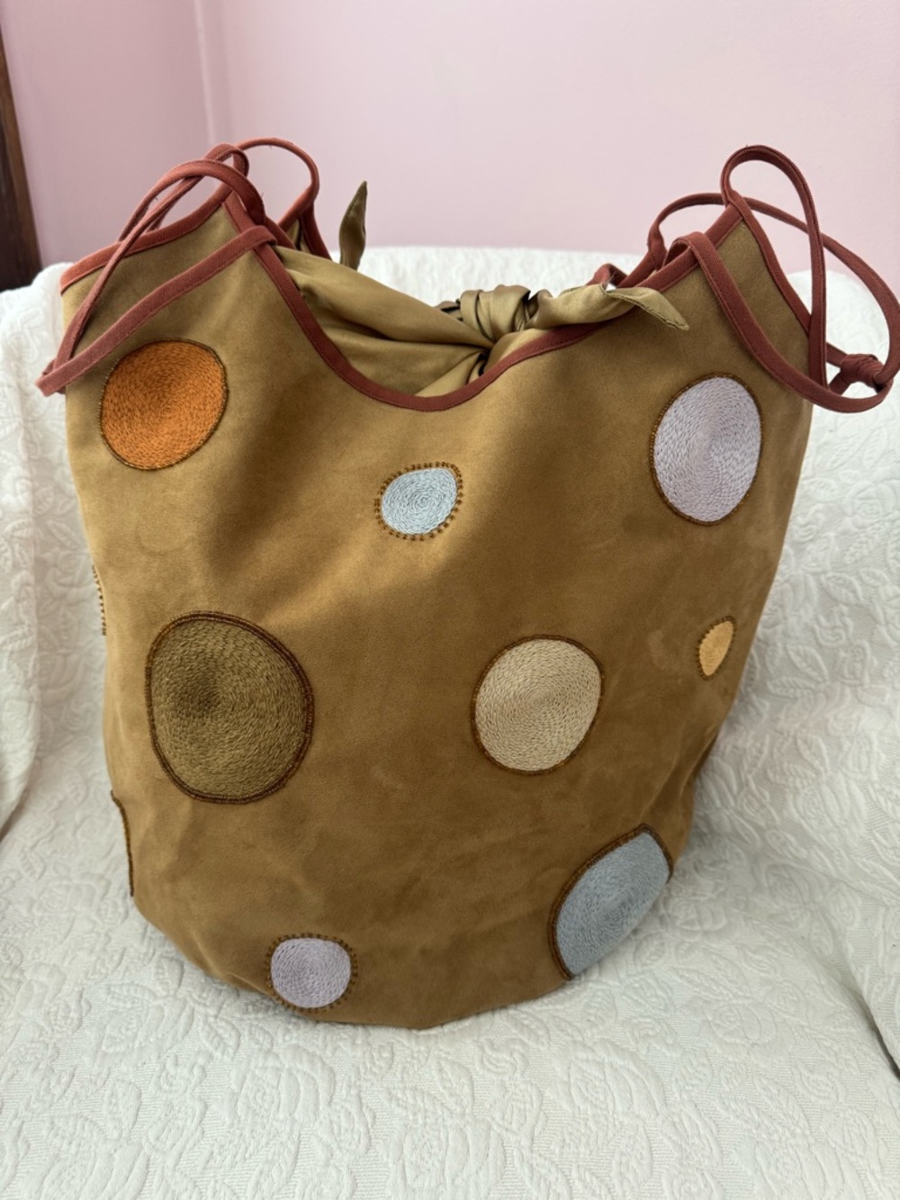 Faux Suede Polka Dot Tote Bag - Tan